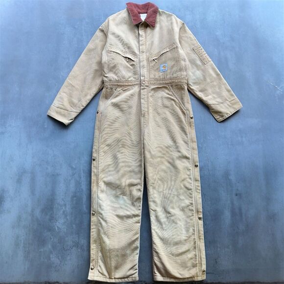 Vintage Carhartt USA Canvas Insulated Coveralls Tan Mens 40 Reg Quilted Lined